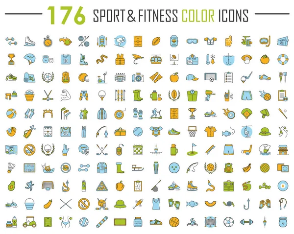 Deporte y fitness iconos de color gran conjunto. Vida sana y nutrición. Gimnasio, entrenamiento, ejercicios. Actividades al aire libre, deportes de equipo. Pesca, senderismo, camping. Ilustraciones vectoriales aisladas — Vector de stock