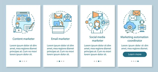 Especialidades de marketing digital na tela da página do aplicativo móvel com conceitos lineares. Conteúdo, e-mail profissionais de marketing passo a passo instruções gráficas. UX, UI, modelo de vetor GUI com ilustrações — Vetor de Stock