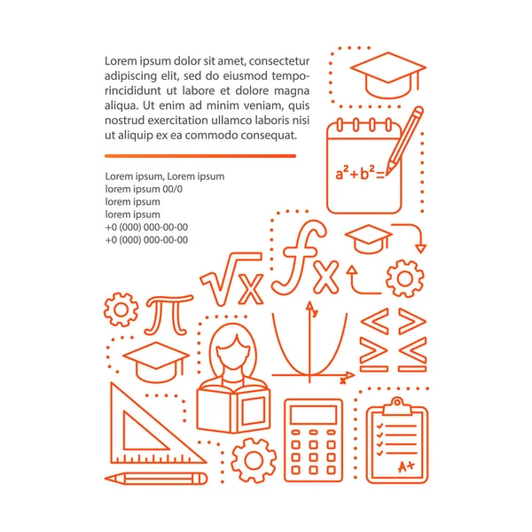 Algebra lektioner, kurser artiklen side vektor skabelon. Matematik, matematik. Brochure, magasin, hæfte design element med lineære ikoner og tekstbokse. Udskriv design. Konceptillustrationer med tekst sp – Stock-vektor