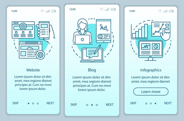 Kanaler för SEO turkos onboarding Mobile App Page Screen Vector mall. Marknadsföring. Webbplats, blogg Walkthrough webbplats steg med linjära illustrationer. UX, UI, GUI smartphone gränssnitt koncept — Stock vektor