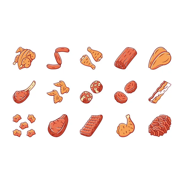 Conjunto de ícones de cor de carne de açougueiro. Baquetas de frango grelhado, breas — Vetor de Stock