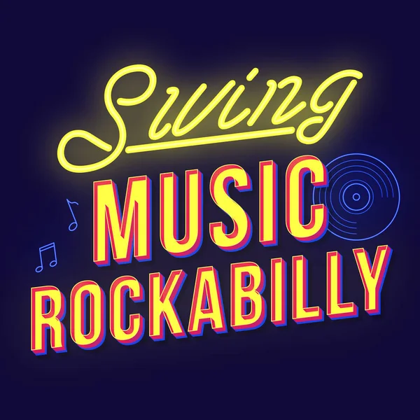 Swing Musik Rockabilly Vintage 3D Vektor Schriftzug. Fette Retro-Schrift, Schrift. Pop-Art stilisierter Text. Leuchtbuchstaben der alten Schule. 90er, 80er Plakat, Banner. dunkel violette Farbe Hintergrund — Stockvektor