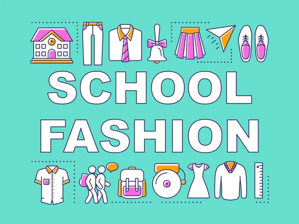 Banner de conceptos de palabras de moda escolar. Compras de ropa para alumnos. Colegiales, uniforme de colegialas. Presentación, sitio web. Idea de tipografía de letras aisladas con iconos lineales. Ilustración del esquema vectorial — Vector de stock