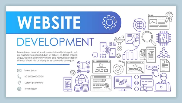 Website development banner, business card template. Programming and coding. Company contacts with phone, email linear icons. SEO, site optimization. Presentation, web page idea. Corporate print layout — Stock Vector
