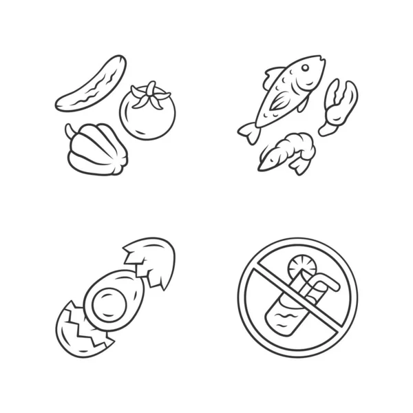 Gezonde evenwichtige eten lineaire iconen set. Hoge vitamine en omega 3 eten. Zeevruchten dunne lijn contoursymbolen. Ei, groenten, vis geïsoleerde vector omtrek illustraties. Bewerkbare lijn — Stockvector