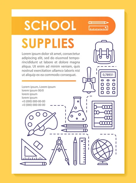School supplies, subjects brochure template layout. Class tools. Flyer, booklet, leaflet print design with linear illustrations. Vector page layouts for magazines, annual reports, advertising posters — Stock Vector