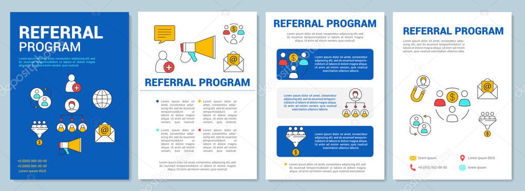 Marketing referral program brochure template layout. Customer attraction. Flyer, booklet, leaflet print design with linear illustrations. Vector page layout for magazines, reports, advertising posters