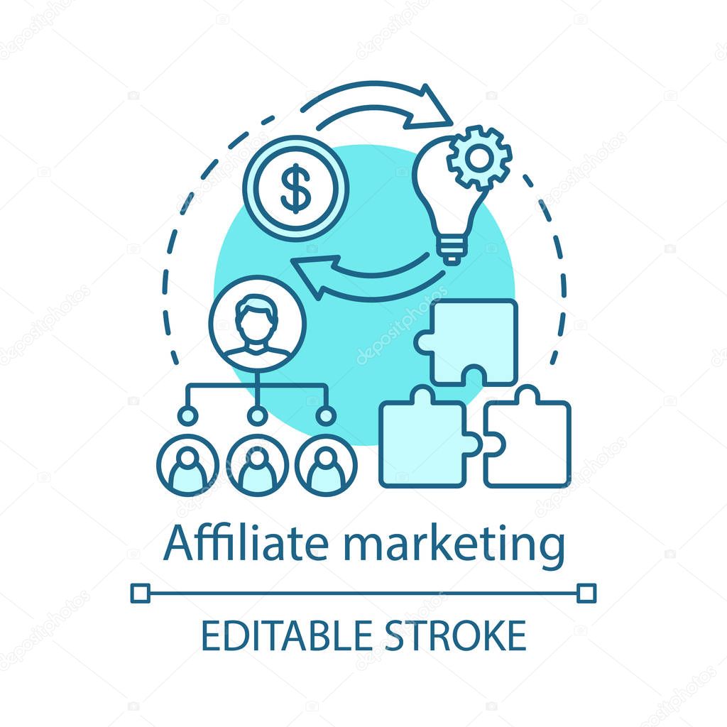 Affiliate marketing blue concept icon. Digital marketing tactic idea thin line illustration. Product promotion. Online sales. Earning commissions. Vector isolated outline drawing. Editable stroke