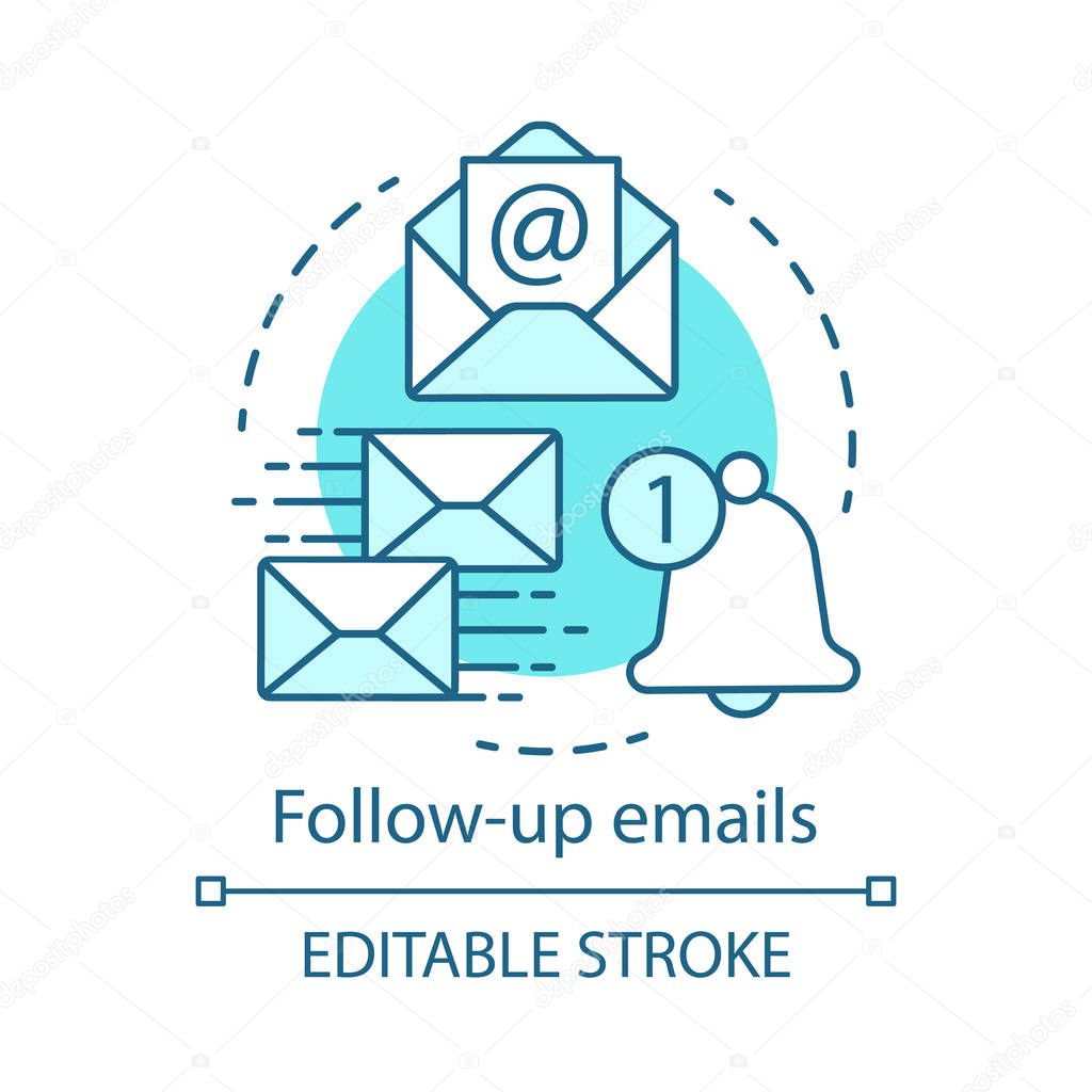 Follow-up emails blue concept icon. Attracting clients idea thin line illustration. Email marketing. Mass mailing.  Product ads. Post-purchase emails. Vector isolated outline drawing. Editable stroke
