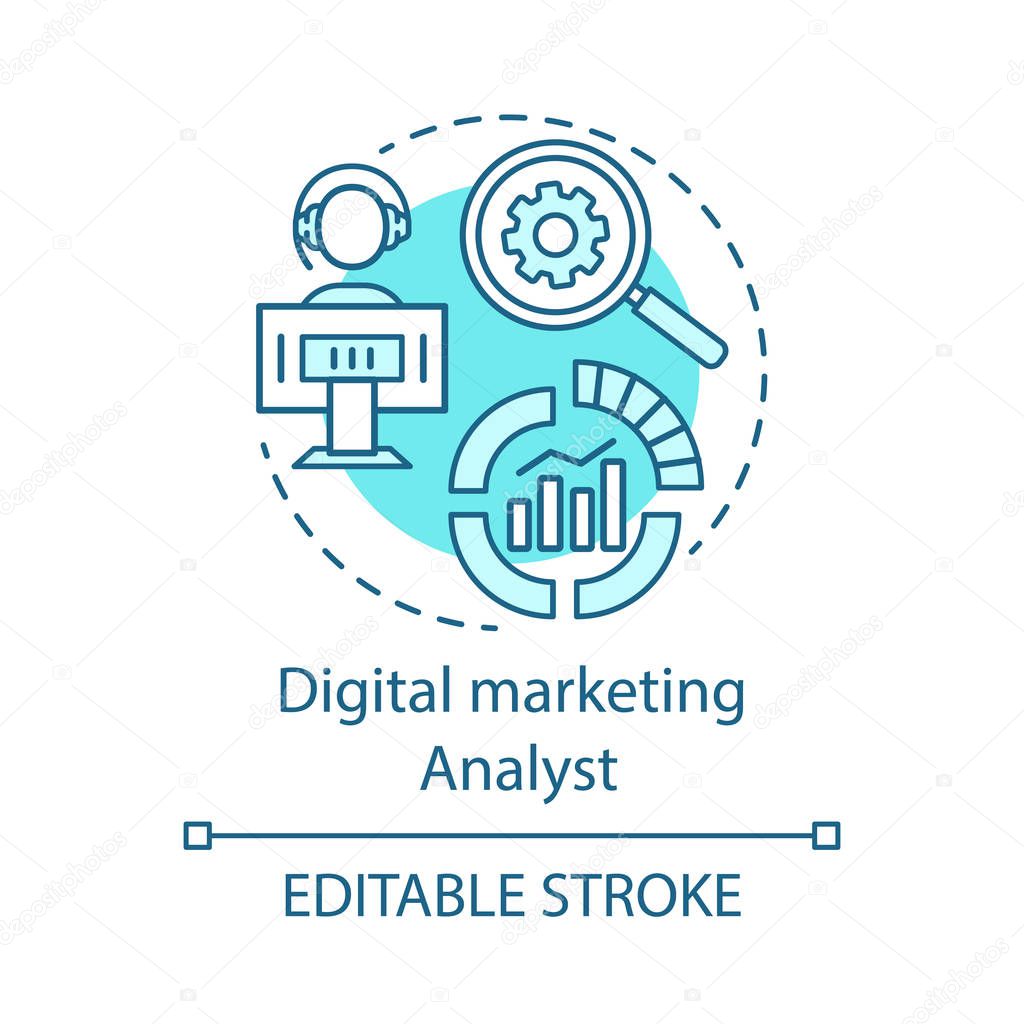 Digital marketing analyst turquoise concept icon. Web analytics specialty idea thin line illustration. Online statistics analysis. Products promotion. Vector isolated outline drawing. Editable stroke