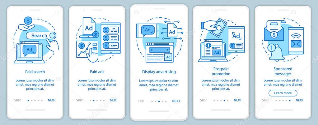PPC channels blue onboarding mobile app page screen vector template. Media marketing, ad networks walkthrough website steps with linear illustrations. UX, UI, GUI smartphone interface concept