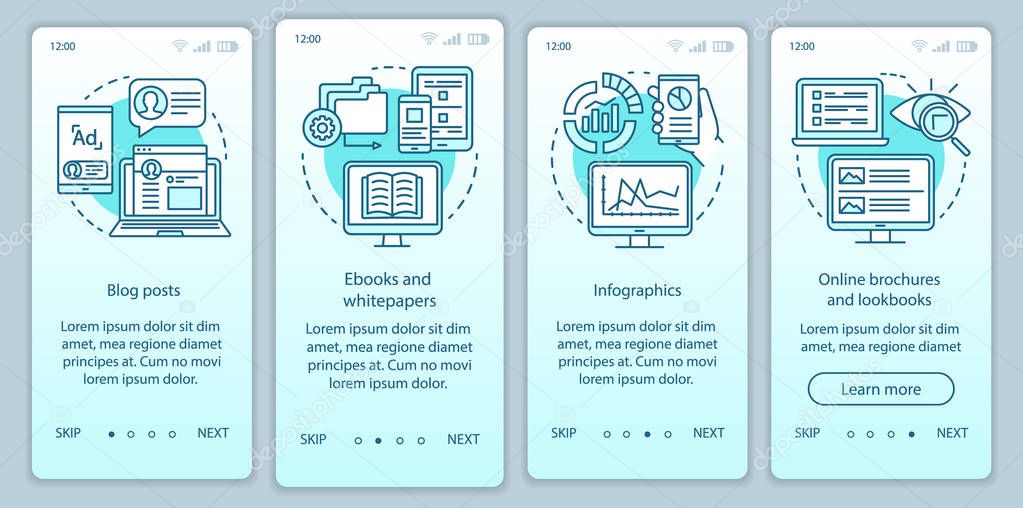 Awareness content  turquoise gradient onboarding mobile app page screen vector template. Blog posts walkthrough website steps with linear illustrations. UX, UI, GUI smartphone interface concept