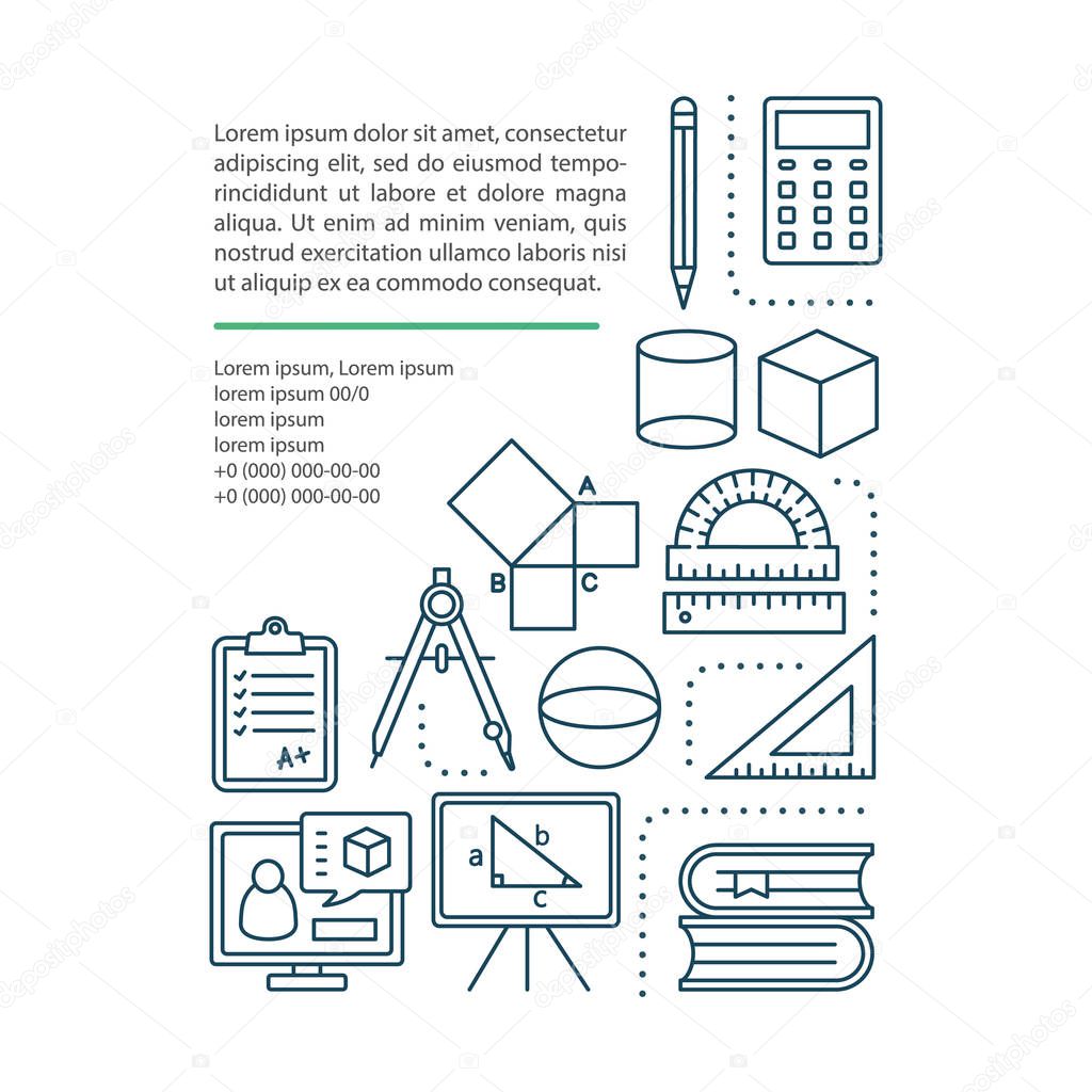 Geometry courses, lessons article page vector template. Mathematics school subject. Brochure design element with linear icons and text boxes. Print design. Concept illustrations with text space