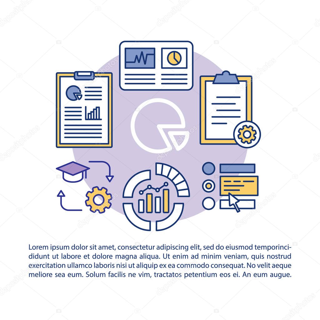 Statistics research article page vector template. Data analysis and visualization. Brochure design element with linear icons and text boxes. Print design. Concept illustrations with text space