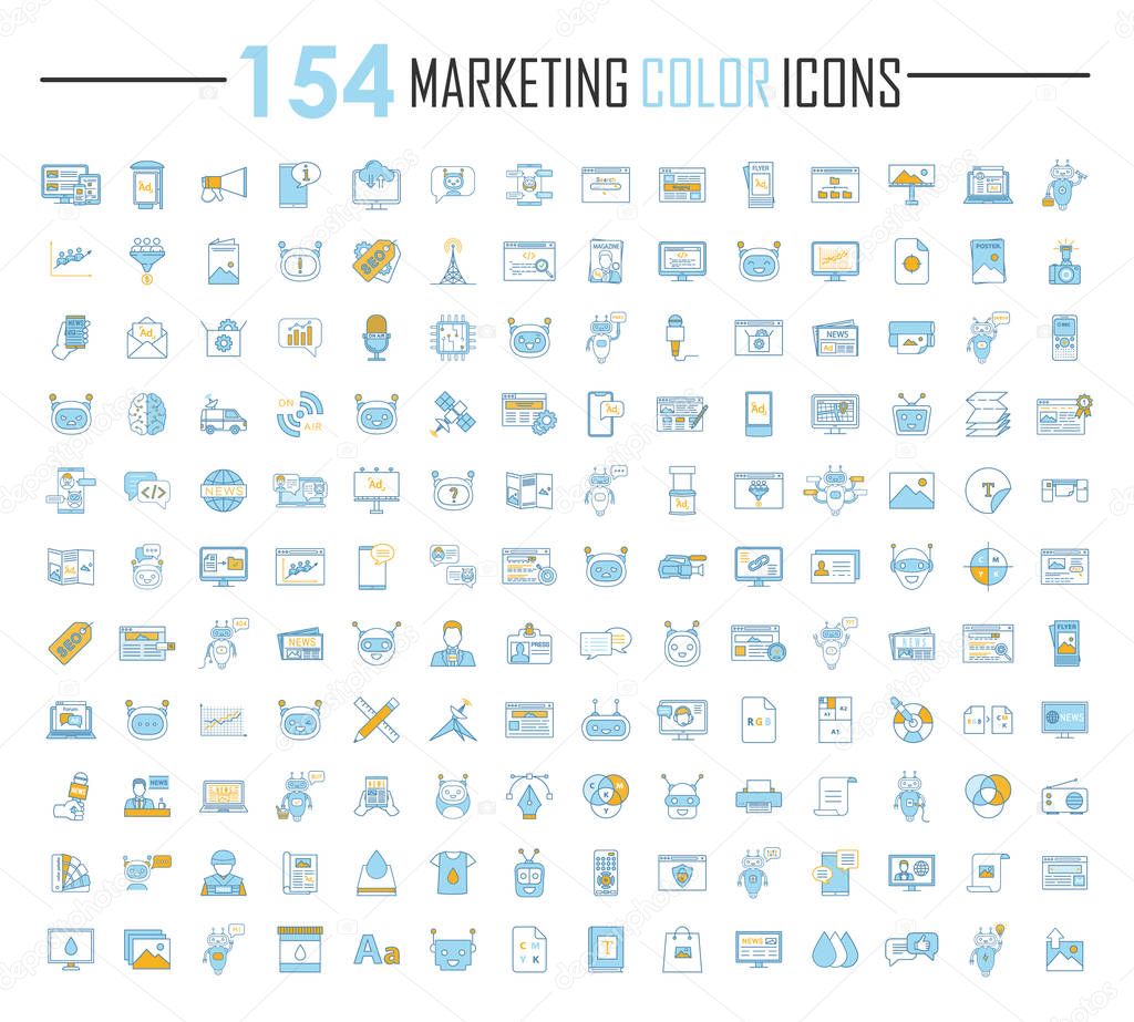 Marketing color icons big set. Referral marketing strategy, sales productivity. Business management, PR, promotion strategy, SMM, SEO. CRM system. Customer relationship. Isolated vector illustrations
