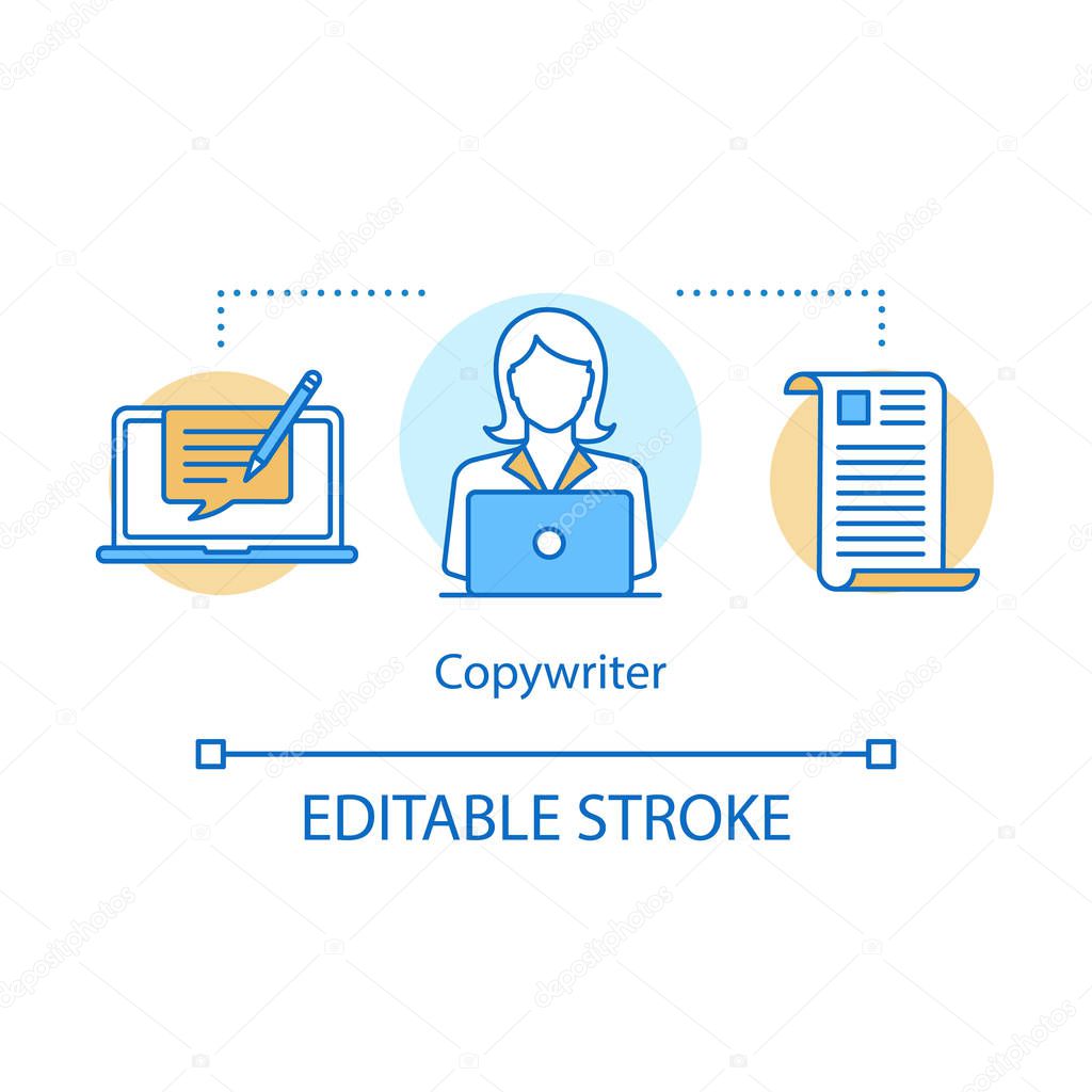 Copywriter concept icon. Blog, SMM content idea thin line illustration. Freelance. Ads text writing. Advertisement creation. Vector isolated outline drawing. Editable stroke