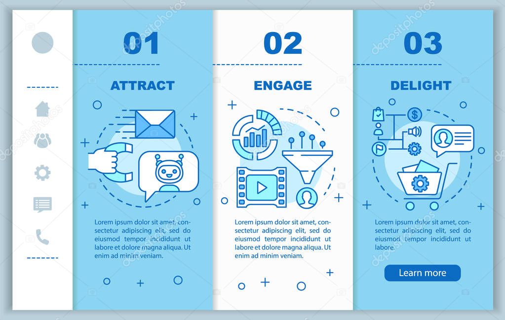 Inbound marketing method for customers onboarding mobile web pages vector template. Responsive smartphone website interface idea with linear icons. Webpage walkthrough step screens. Color concept