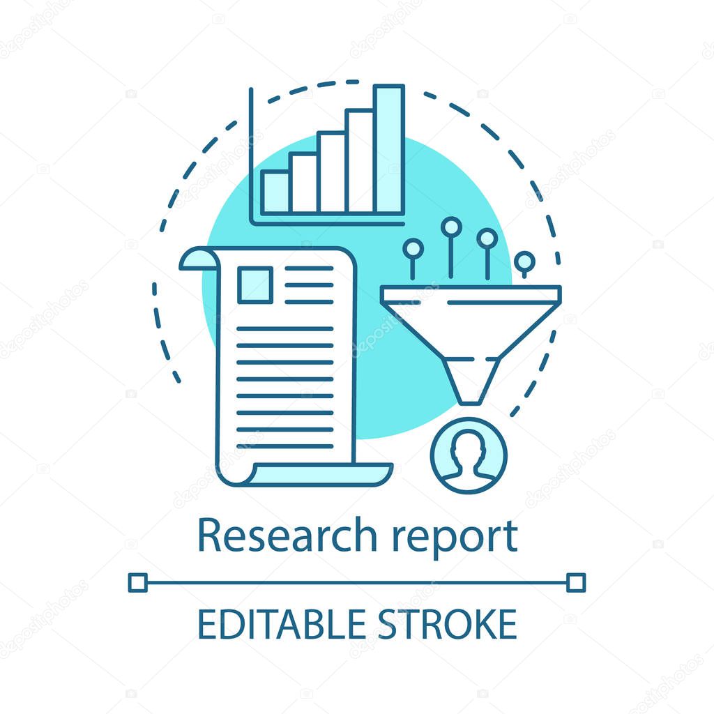 Research report blue concept icon. Sales conversions funnel idea thin line illustration. Marketing metrics, statistics. Search information result. Vector isolated outline drawing. Editable stroke