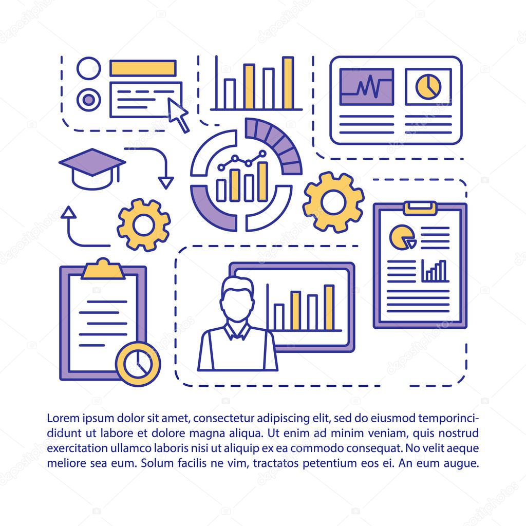 Statistics course article page vector template.Metrics, data analytics lesson. Brochure, magazine, booklet design element with linear icons and text boxes. Print design. Concept illustrations with text space