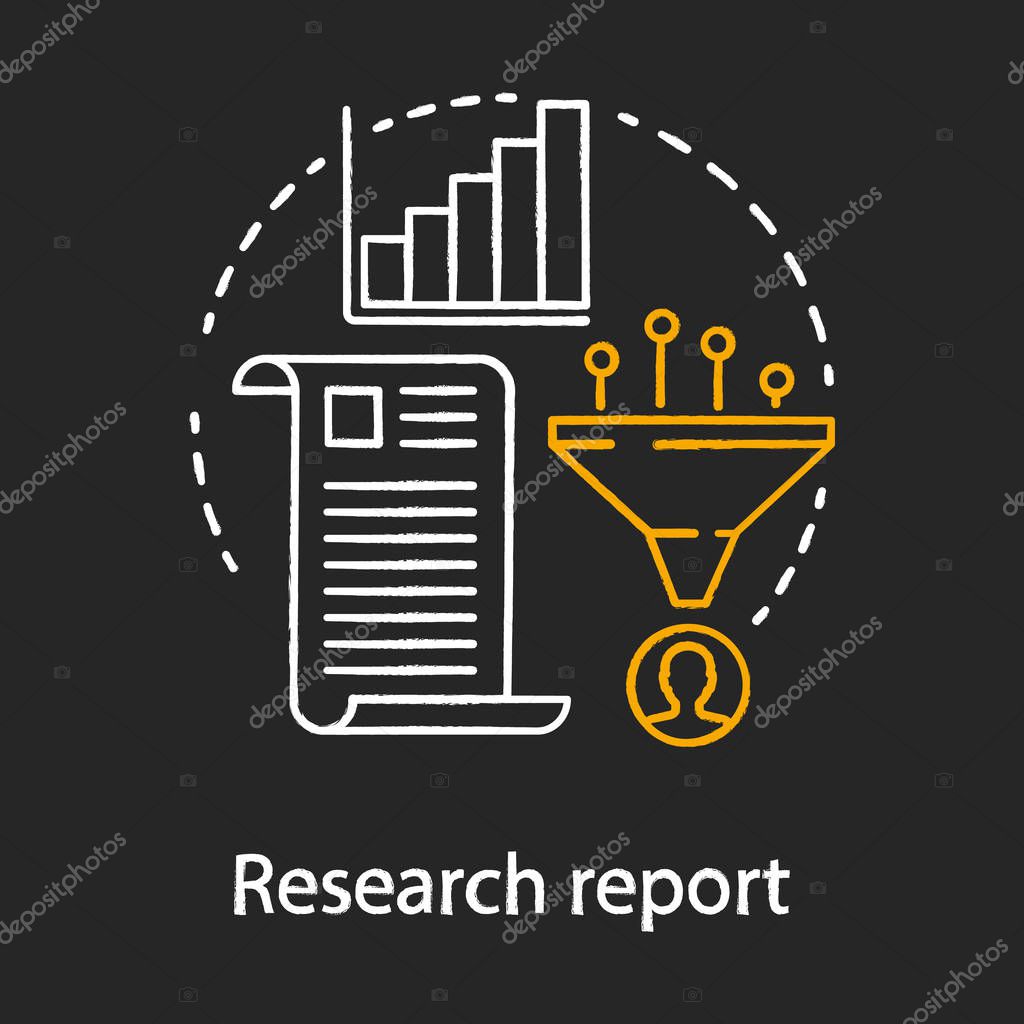 Research report chalk concept icon. Sales conversions funnel idea. Marketing metrics, statistics. Data analytics. Search information result. Vector isolated chalkboard illustration