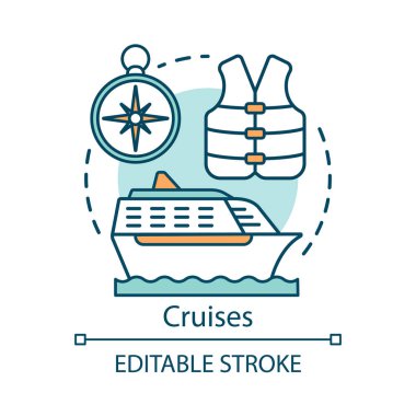 Cruises konsept simgesi. Yolculuk fikri ince çizgi illüstrasyon. Okyanusta gemi. Yüzme yeleği ve pusula. Yolcu gemisi, yaz tatili. Su taşıma. Vektör yalıtılmış anahat çizimi. Kullanılabilir kontur