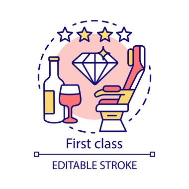 Birinci sınıf kavram simgesi. Yolcu koltuğu fikri ince çizgi illüstrasyon. Uçak seyahat sınıfı oturma. Bir bardak şampanya. Uçak kabini. Vektör yalıtılmış anahat çizimi. Kullanılabilir kontur