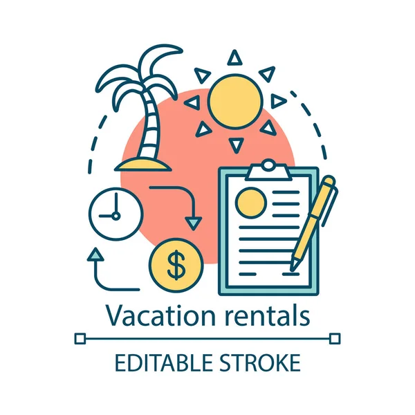 Icona del concetto di case vacanza. Appartamento, cottage, spiaggia casa affitto idea linea sottile illustrazione. Vacanze tropicali. Pianificazione del viaggio e del viaggio. Schema vettoriale isolato. Ictus modificabile — Vettoriale Stock