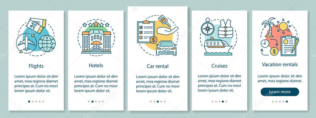Travel planner onboarding mobile app page screen with linear concepts. Hotel, flight, cruise, vacation rentals walkthrough steps graphic instructions. UX, UI, GUI vector template with illustrations