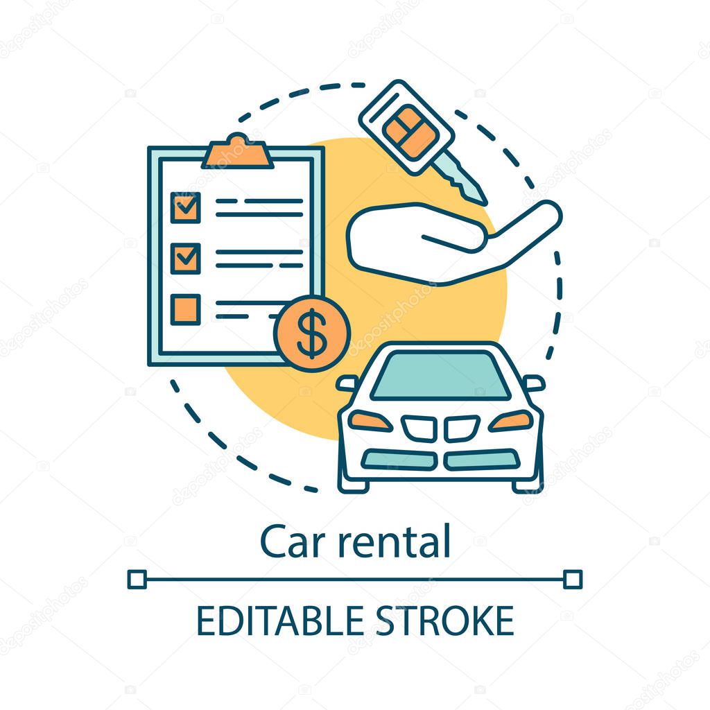 Car rental concept icon.  Automobile rent, leasing idea thin line illustration. Auto hire. Traveling, road trip. Vacation car. Personal auto transport. Vector isolated outline drawing. Editable stroke