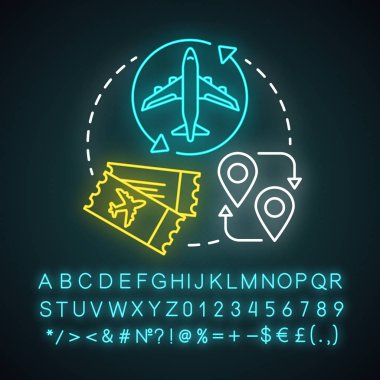 Gidiş-dönüş neon ışık simgesi. Dönüş bileti. Uçakla seyahat, uçak yolculuğu. Uçak uçuş rotası. Havayolu transferi. Alfabe, sayılar ve semboller ile parlayan işareti. Vektör izole illüstrasyon