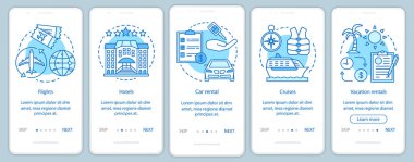 Seyahat planlayıcısı doğrusal kavramlar ile mobil uygulama sayfa ekranında mavi onboarding. Uçuşlar, otel, tatil kiralama walkthrough adımları grafik talimatları. Ux, Ui, Gui vektör şablonu çizimleri ile