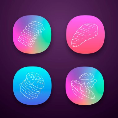 Et yemekleri uygulama simgeleri ayarlayın. Biftek, biftek, biftek, tavuk bacağı, hamburger. Fast food. Kasap dükkanı ürünü. Restoran, ızgara bar, et lokantası menüsü. Ui/Ux kullanıcı arabirimi. Web veya mobil uygulamalar. Vektör iso