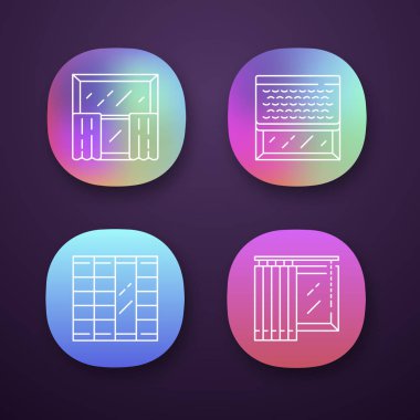 Pencere dekorasyon uygulaması simgeleri ayarlayın. Kafe perdeleri, dikey panjurlar, dokuma ahşap tonları, shoji paneller. Alışveriş iç tasarım. Ui/Ux kullanıcı arabirimi. Web veya mobil uygulamalar. Vektör izole çizimler