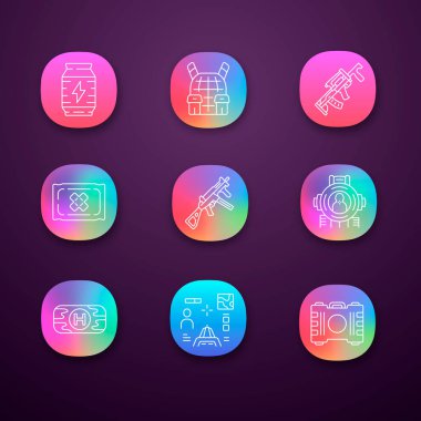 Oyun envanteri uygulama simgeleri ayarlandı. Enerji içeceği, vücut zırhı, silah, bandaj. Keskin nişancı silahı, nişan, ilk yardım çantası, konteyner. Ui/Ux kullanıcı arabirimi. Web, mobil uygulamalar. Vektör izole çizimler