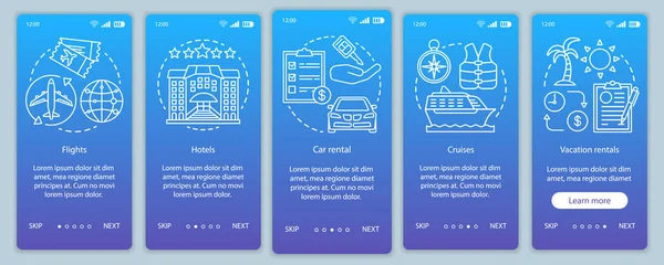 Reiseplaner onboarding mobile app page screen vector template. Hotel, Flug, Kreuzfahrt, Ferienvermietung. Durchgängige Website-Schritte mit linearen Illustrationen. ux, ui, gui Smartphone-Schnittstellenkonzept — Stockvektor