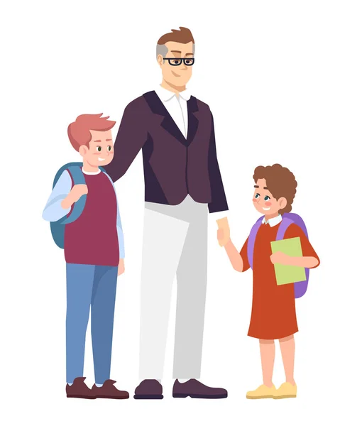 Father with schoolchildren flat vector illustration. Parent taking from school preteen son and daughter cartoon characters isolated on white background. Happy brother and sister communicating — Stock Vector