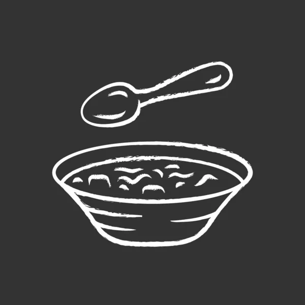 Το εικονίδιο με την κιμωλία. Μπολ και κουτάλι, μαγειρικά σκεύη. Καυτή σούπα με ατμό. Το πρώτο γεύμα. Υγιεινή διατροφή. Θρεπτικό γεύμα. Μπιστρό, Εστιατόριο, μενού καφέ. Απεικόνιση μεμονωμένου πίνακα διανυσματικών φορέων — Διανυσματικό Αρχείο