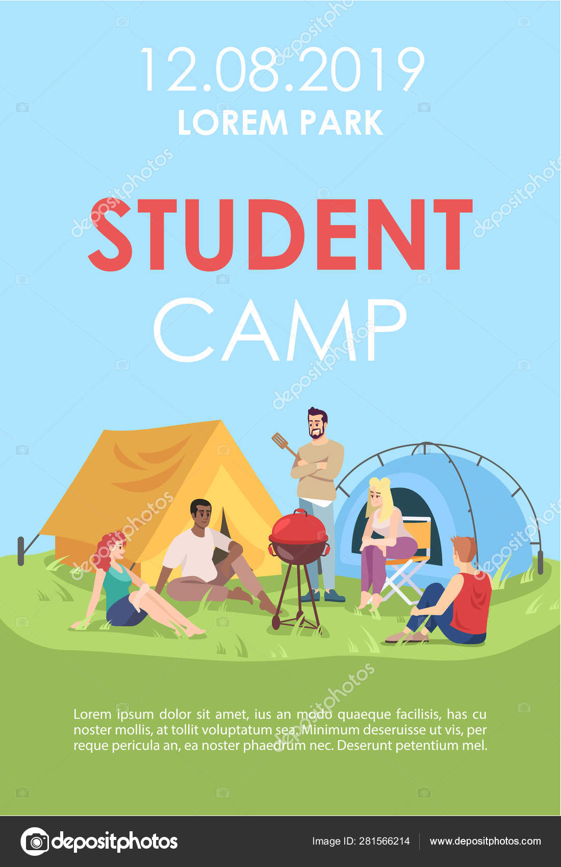 Student camp brochure template. Outdoor picnic flyer, booklet, l