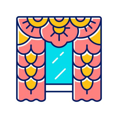 Dantel perdeler renk simgesi. Ev iç tasarım. Oturma odası, yatak odası dekorasyonu. Ev vitrini tedavileri. Vintage çiçek perdeleri, panjurlar, perdeler. Yalıtılmış vektör illüstrasyonu