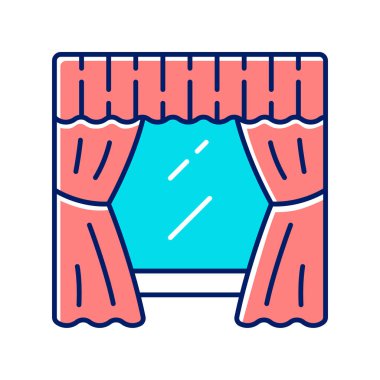 Pencere işleme renk simgesini ayarlayın. Oturma odası, mutfak, yatak odası dekorasyonu. Valance korniş'te asılı. Pencereler perdeler, yağma. Ev ve ofis iç tasarımı. Yalıtılmış vektör illüstrasyonu