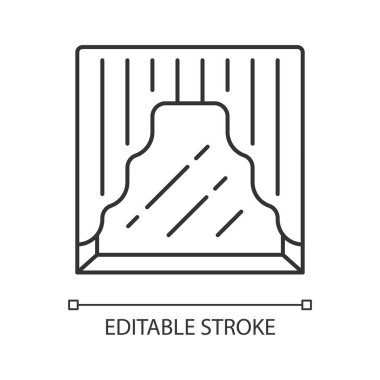 Pencere lineer simgesi üzerinde swag. Perdeler pelmet. Lambrequin korniş sarkık eğrisi asılı. İç dekor. İnce çizgi çizimi. Kontur sembolü. Vektör yalıtılmış anahat çizimi. Kullanılabilir kontur