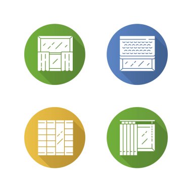 Pencere dekorasyondüz tasarım uzun gölge glyph simgeleri ayarlayın. Perdeler, dikey panjurlar, dokuma ahşap tonları, shoji paneller. Ev ve ofis dekorasyonu. Alışveriş iç tasarım. Vektör siluet illüstrasyon