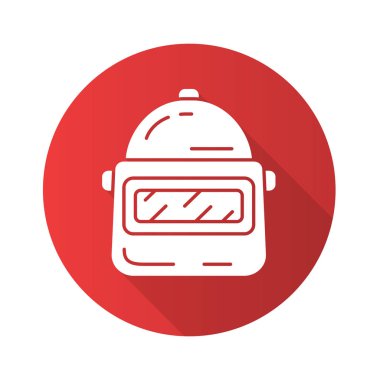 Oyun kask düz tasarım uzun gölge glyph simgesi. Sanal video oyunu koruyucu dişli, zırh. Oyuncu, savaşçı, asker koruması. Kaynak kaskı. Esport güvenli envanter. Vektör siluet illüstrasyon