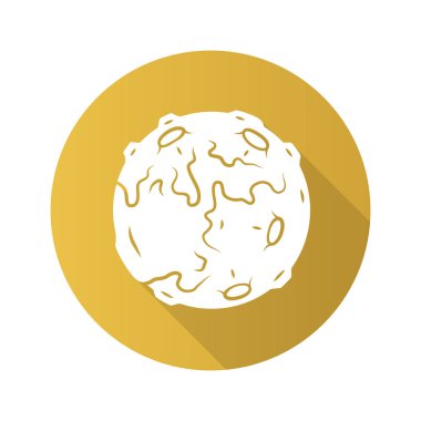 Ay düz tasarım uzun gölge glyph simgesi. Dünya uydusu. Volkanlar ile fantastik gezegen. Küresel uzay nesnesi. Güneş sistemi gövdesi. Astronomik. Uzay keşfi. Vektör siluet illüstrasyon