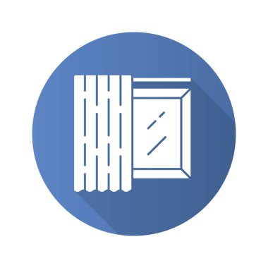 Tek panel düz tasarım uzun gölge glyph simgesi. Ev dekorasyon perdesi. Korniş üzerinde oda karartma monokrom gölge. Alışveriş iç tasarım. Pencere kaplaması. Vektör siluet illüstrasyon