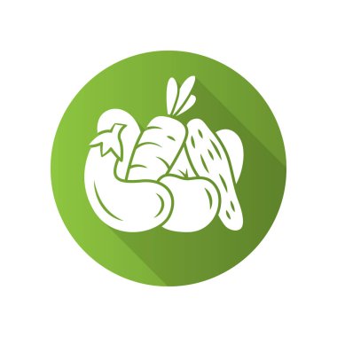 Sebzeler düz tasarım uzun gölge glyph simgesi. Salatalık, domates, havuç, patlıcan. Sağlıklı beslenme. Vitamin ve diyet. Vejetaryen, vegan yemek. Tarım tesisleri. Vektör siluet illüstrasyon