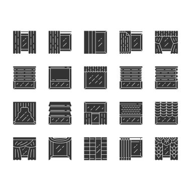 Pencere tedavileri ve perdeler glyph simgeleri ayarlayın. Roma tonları, panjurlar, valance, panel, panjurlar. Oda kararıyor. İç tasarım, ev dekorasyonu dükkanı. Siluet sembolleri. Vektör izole illüstrasyon