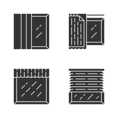 Pencere tedavileri glyph simgeleri ayarlayın. Panel parçaları, astar, valance. Ev ve ofis dekorasyonu. Mutfak, oturma odası perdesi. Ev iç tasarım. Siluet sembolleri. Vektör izole illüstrasyon