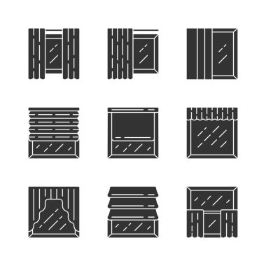 Pencere kepenkleri glyph simgeleri ayarlanır. Silindir, Roma tonları, swags, valance. Motorlu jalousie. Ev ve ofis pencere dekorasyonu. Ev iç mekan dükkanı. Siluet sembolleri. Vektör izole illüstrasyon