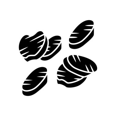 Izgara sebzeler glyph simgesi dilimleri. Kavrulmuş vejetaryen yemeği. Sağlıklı beslenme. Kafe menüsü. Izgara yemek, çeşitli sebze barbekü. Siluet sembolü. Negatif boşluk. Vektör izole illüstrasyon